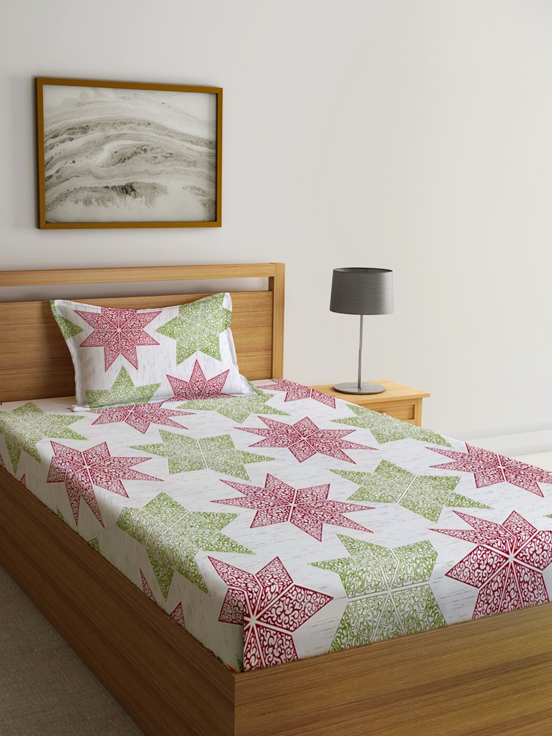 

KLOTTHE White & Green Geometric-Printed 300TC Fitted Single Bedsheet With 1 Pillow Cover