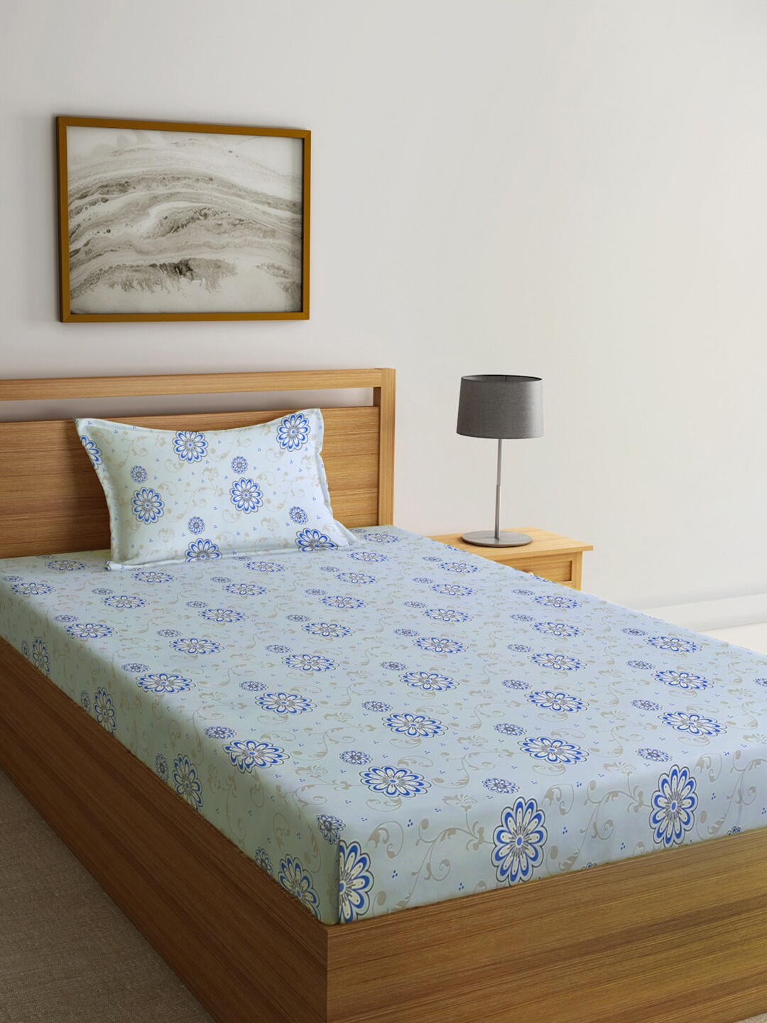 KLOTTHE Blue Floral Printed 300 TC Fitted Single Bedsheet & 1 Pillow Cover