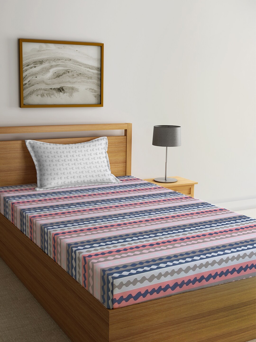 

KLOTTHE Pink & Blue Printed 300 TC Fitted Single Bedsheet & Pillow Cover