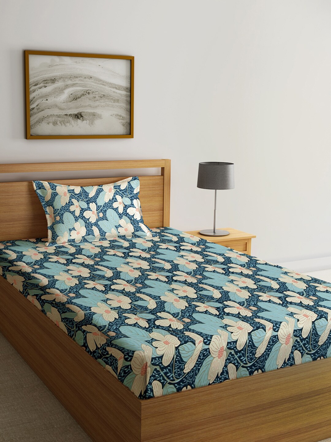 

KLOTTHE Blue & Brown Printed Fitted 300 TC Single Bedsheet & 1 Pillow Covers