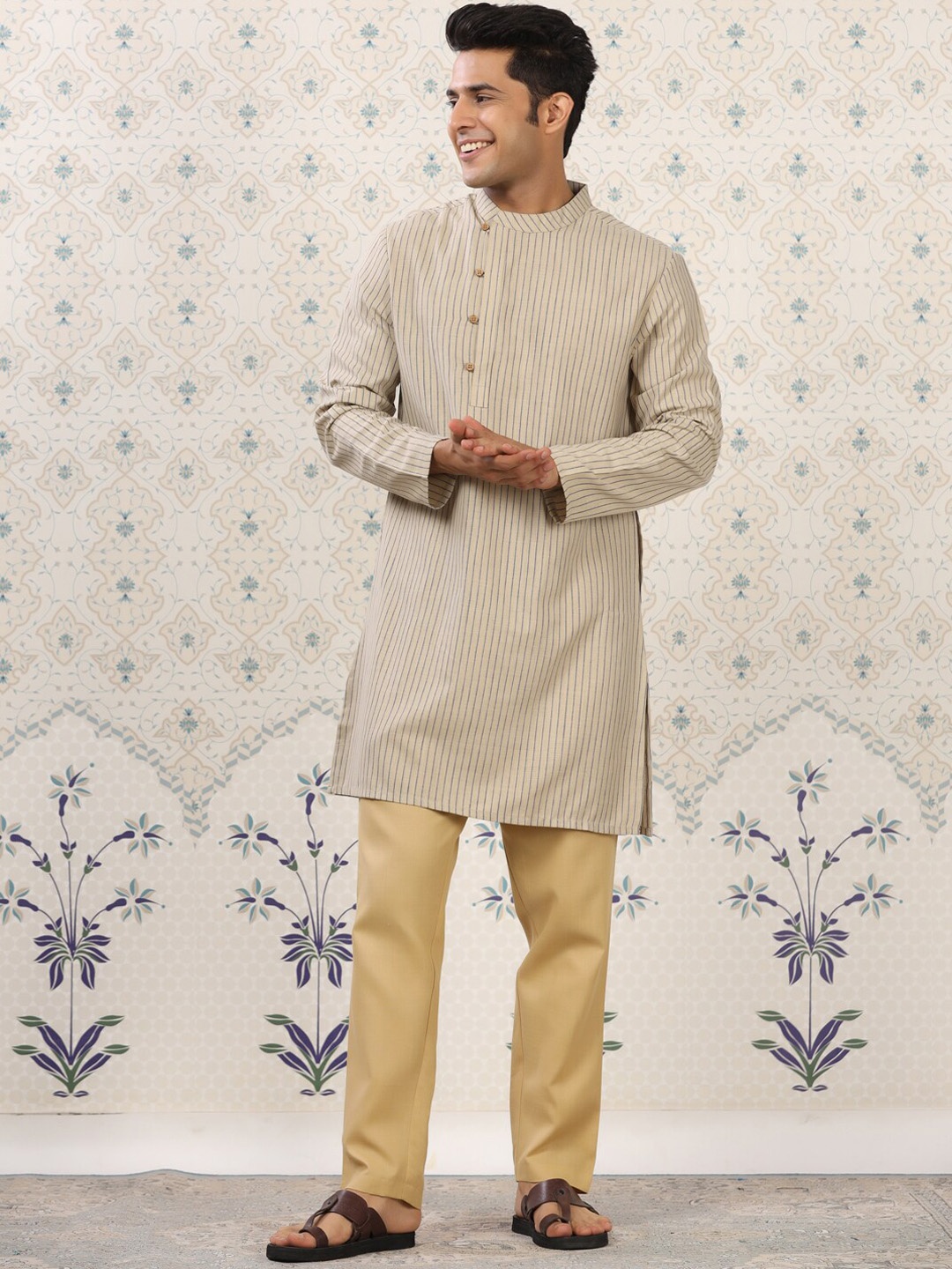 

Ode by House of Pataudi Beige Striped Kurta with Pyjamas