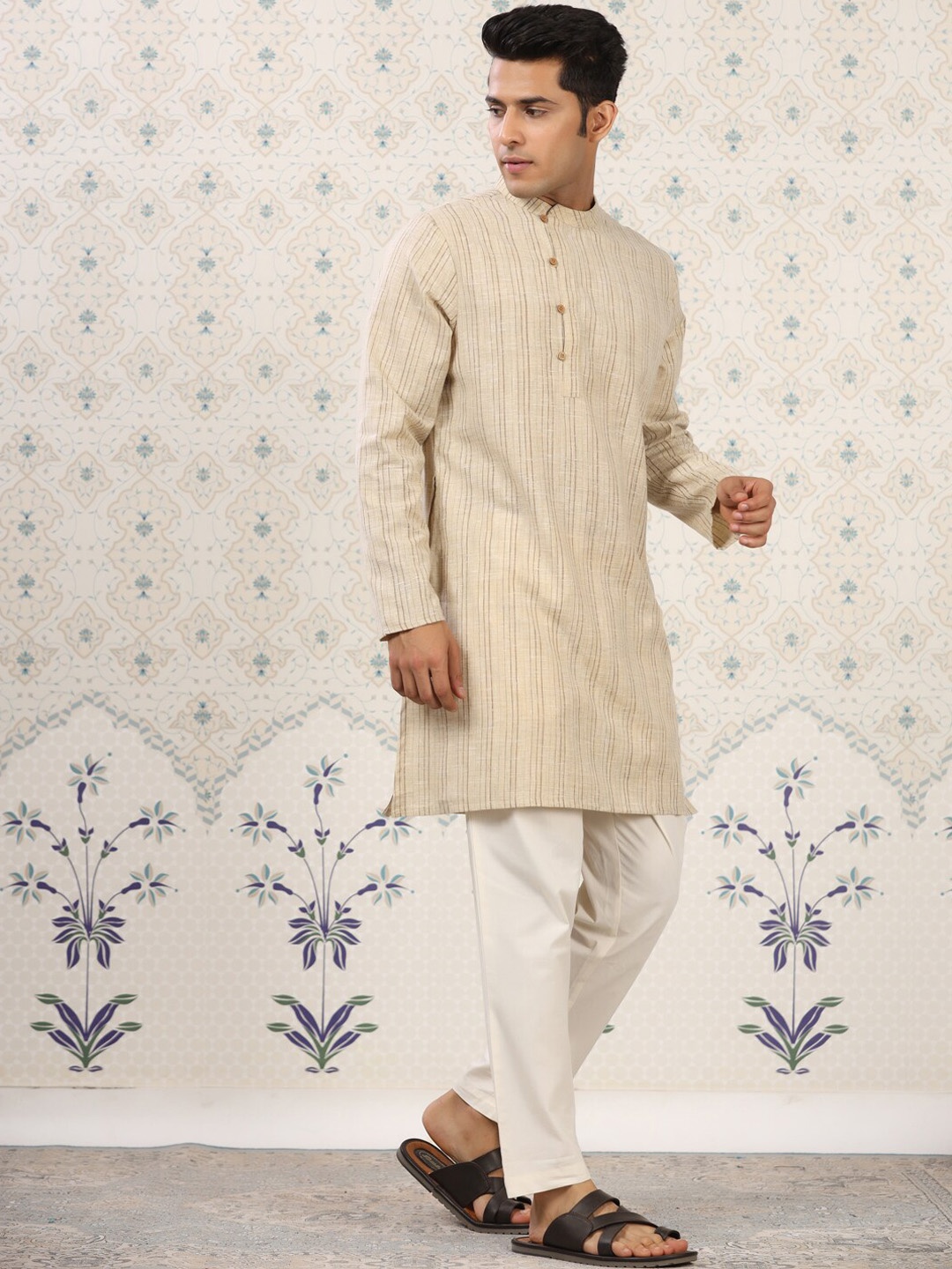 

Ode by House of Pataudi Beige & Brown Striped Kurta with Pyjamas