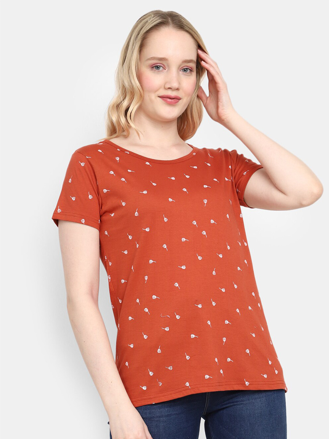 

V-Mart Micro Ditsy Printed Cotton T-shirt, Rust