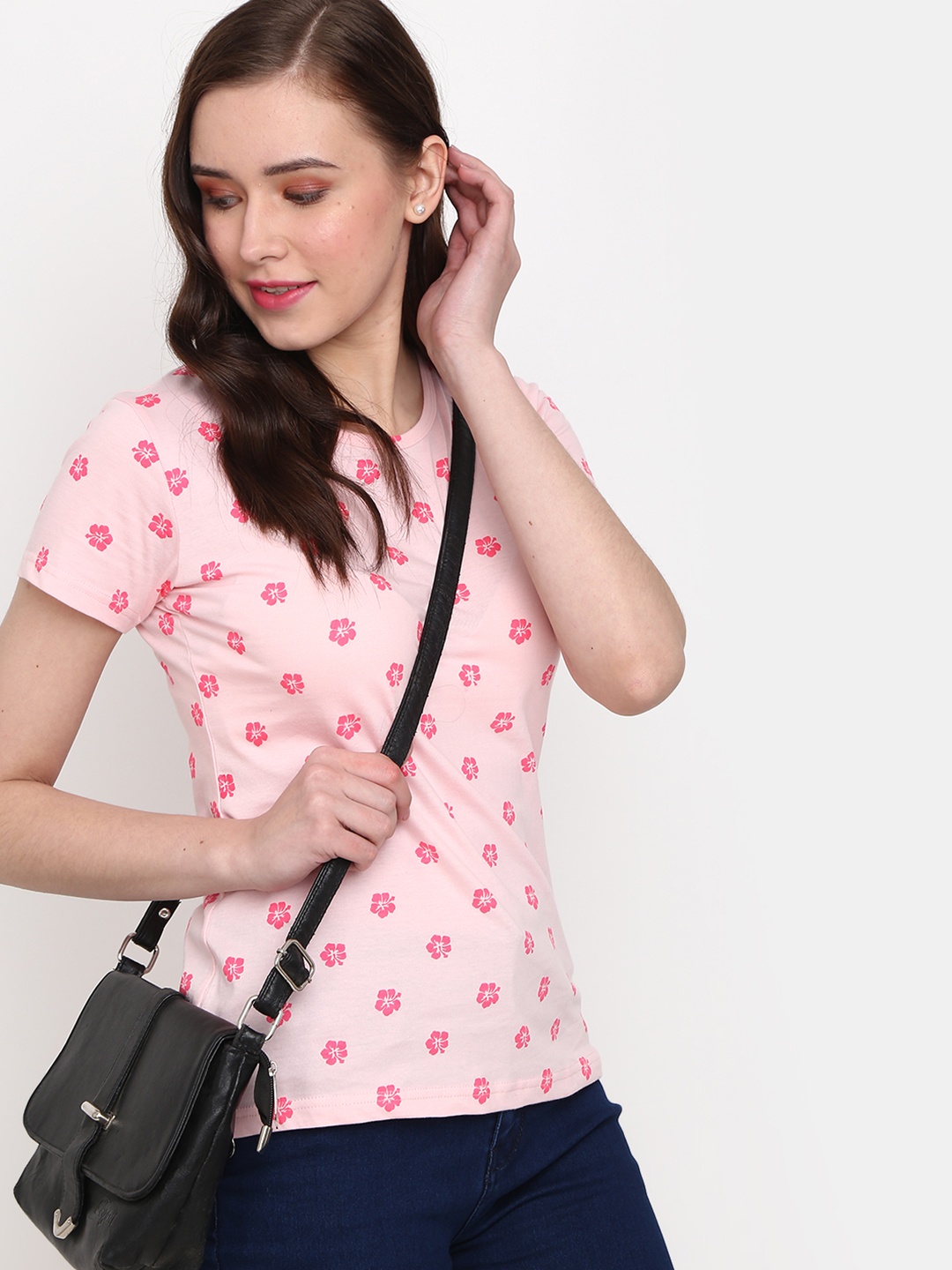 

V-Mart Floral Printed Round Neck Cotton T-shirt, Pink