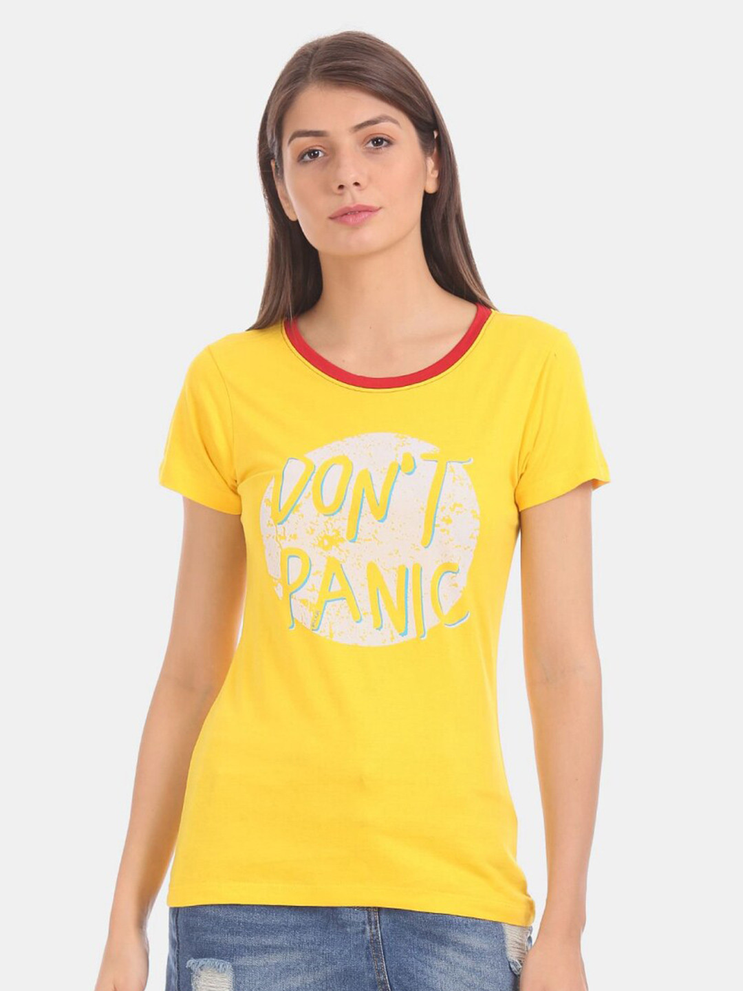 

V-Mart Typography Printed Round Neck Cotton T-shirt, Yellow