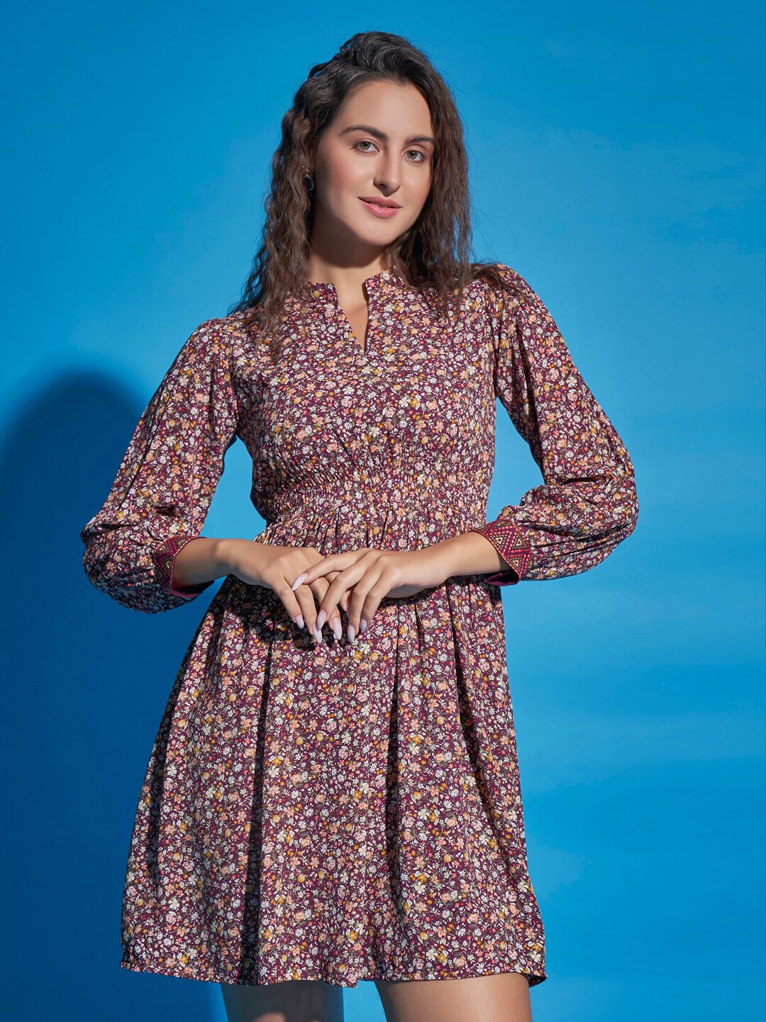 

DressBerry Floral Printed Puff Sleeves Smocked Fit & Flare Mini Dress, Burgundy