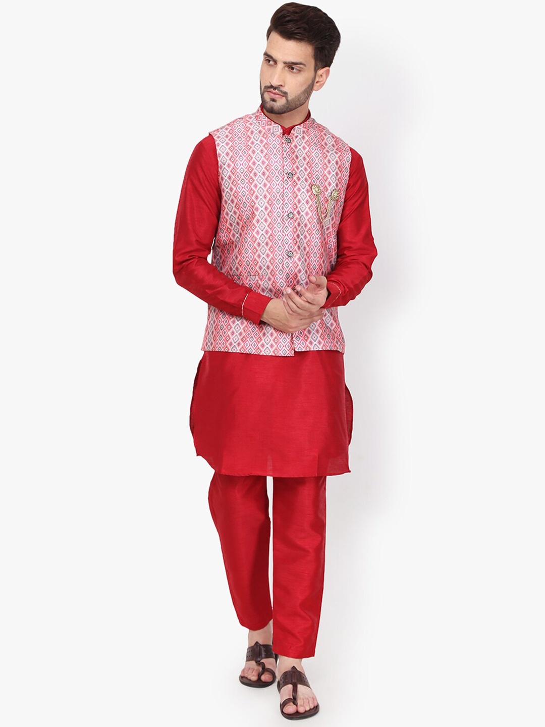 

Pro-Ethic STYLE DEVELOPER Men Mandarin Collar Kurta with Pyjamas & Nehru Jacket, Red