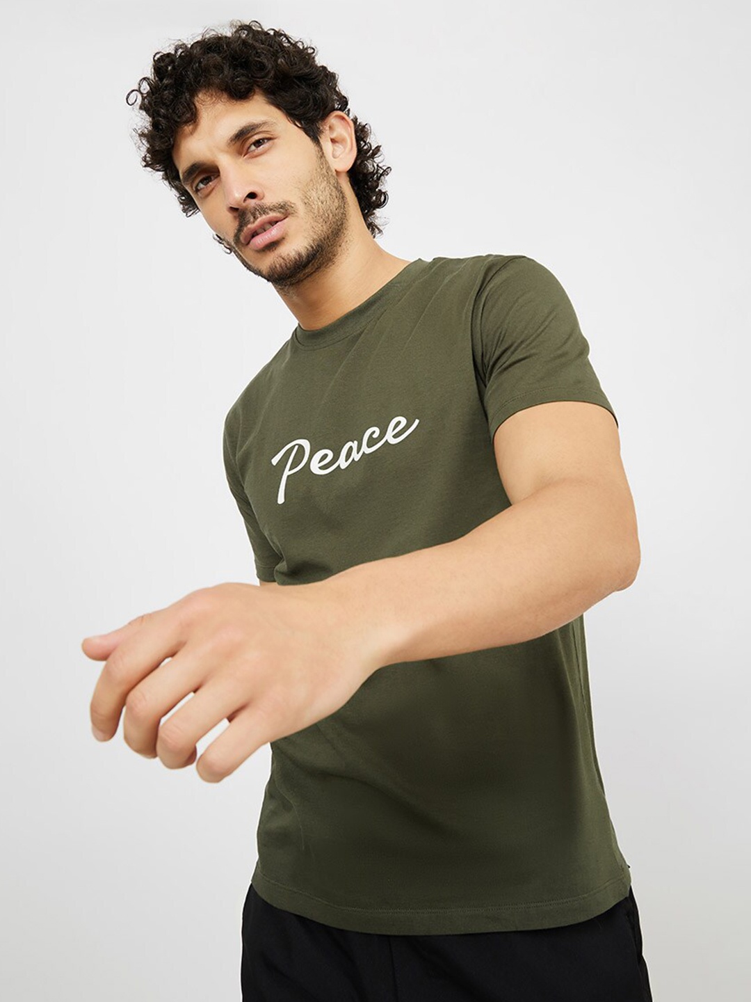 

Styli Men Peace Typography Print Knitted Pure Cotton Regular Fit T-Shirt, Olive
