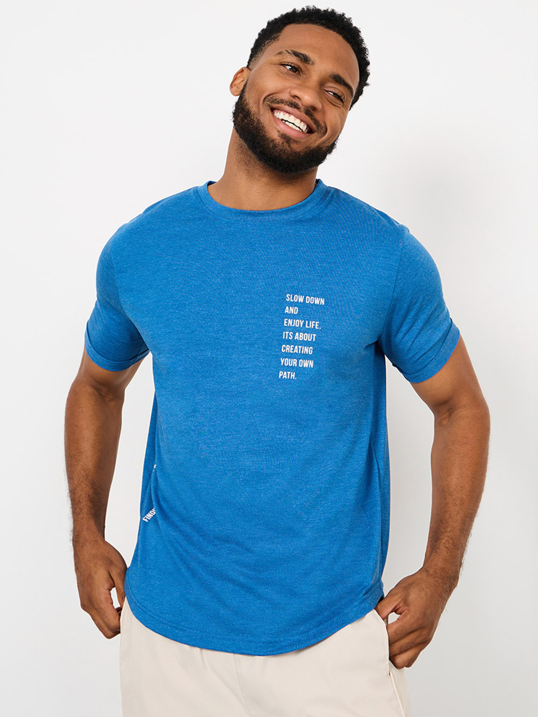 

Styli Typography Printed Round Neck T-shirt, Blue