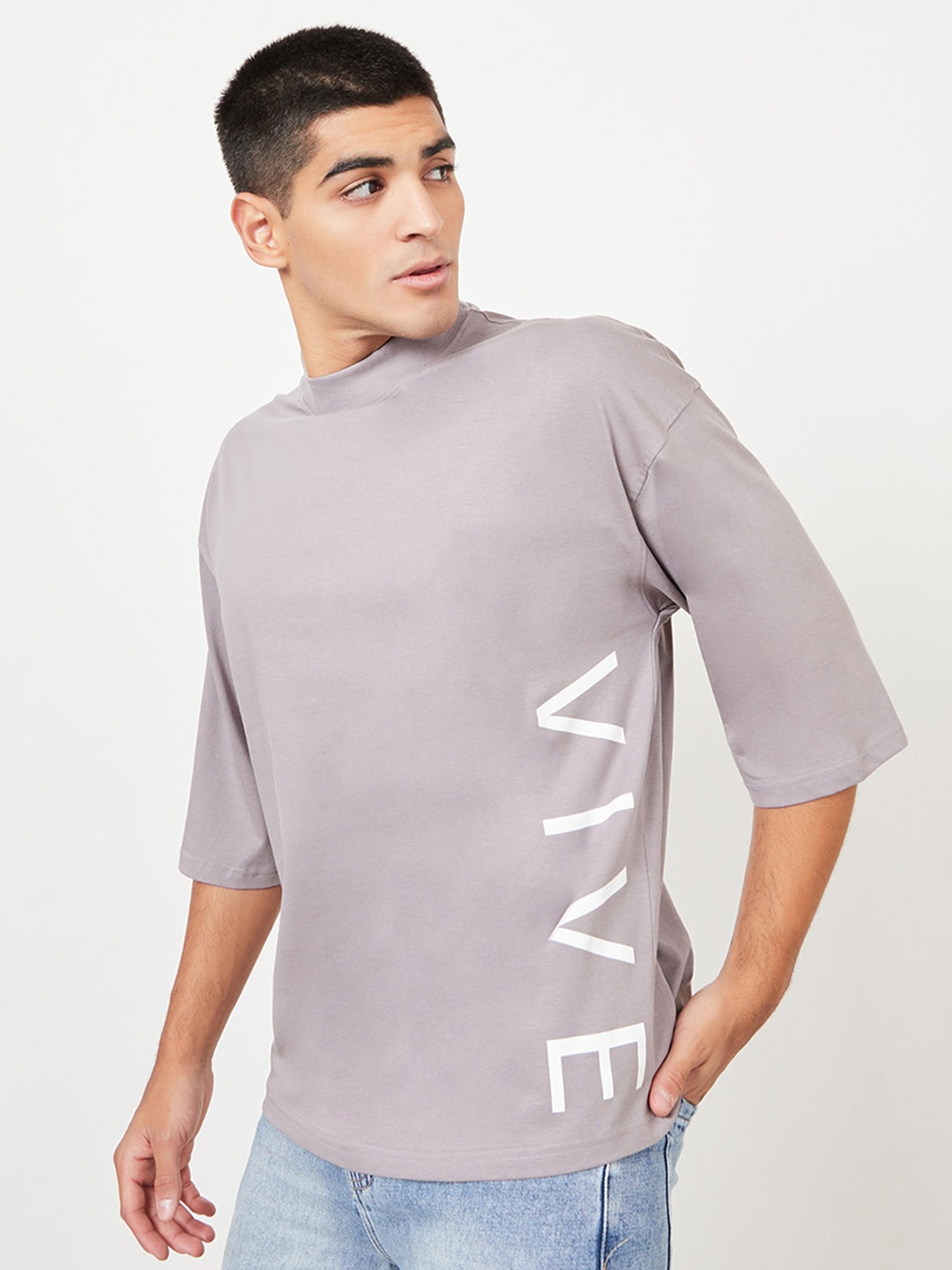 

Styli Printed Drop-Shoulder Three-Fourth Sleeves Cotton Boxy T-shirt, Grey