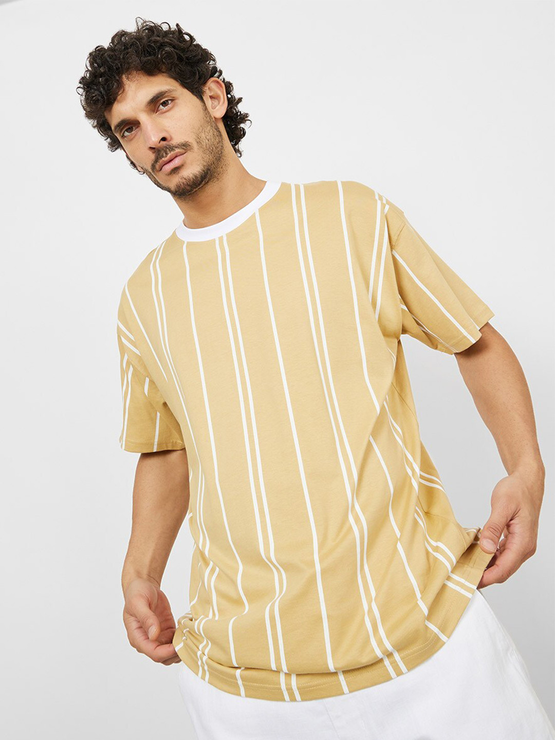 

Styli Men Striped Pure Cotton Oversized Jersey T-shirt, Beige