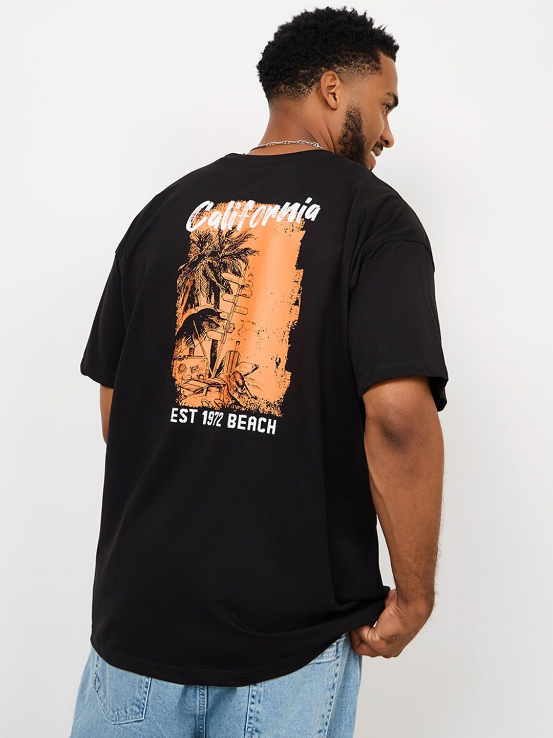 

Styli Tropical Oversized Tropical Back Graphic Print T-shirt, Black