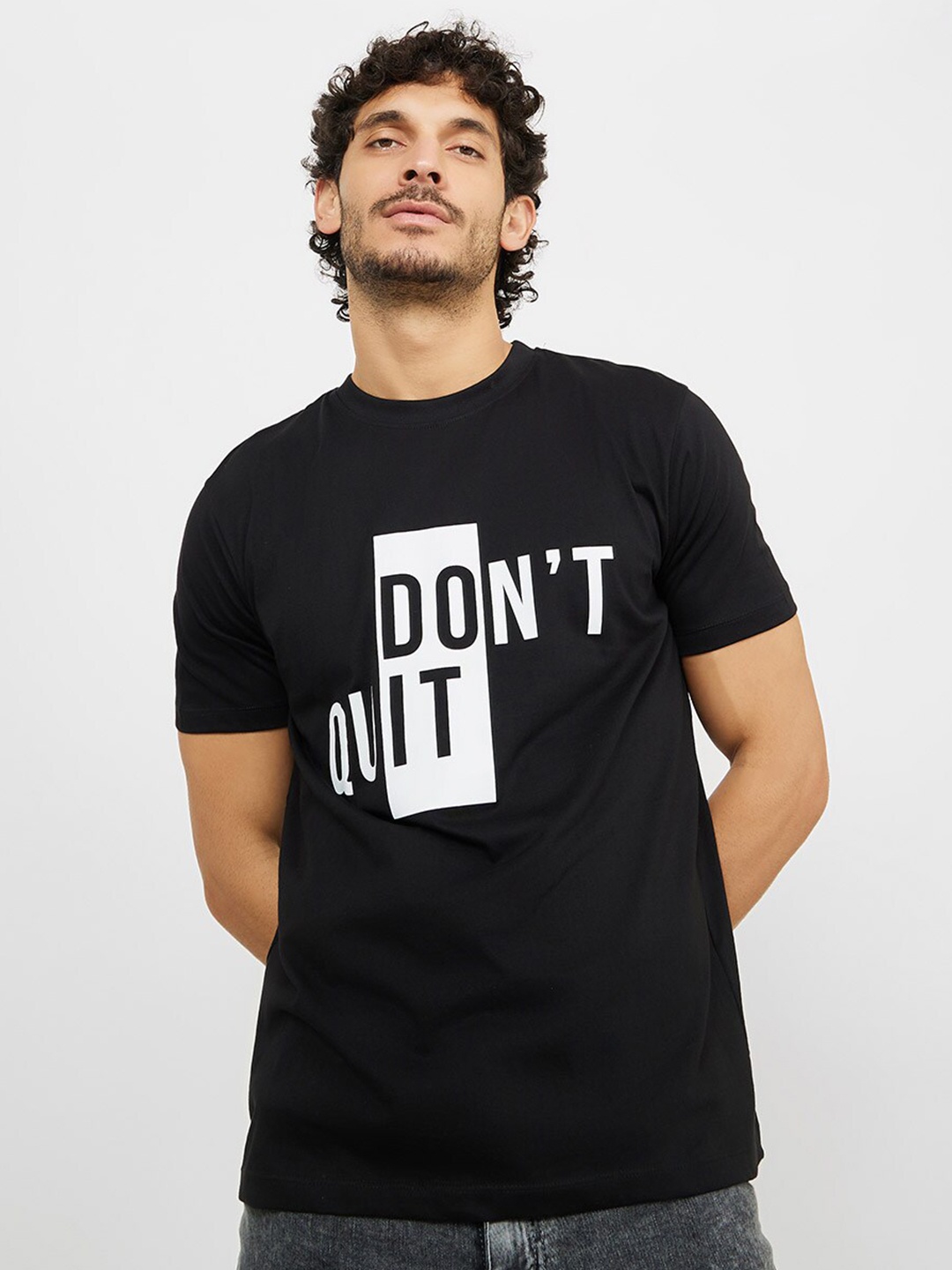 

Styli Don't Quit Slogan Regular Fit T-Shirt, Black