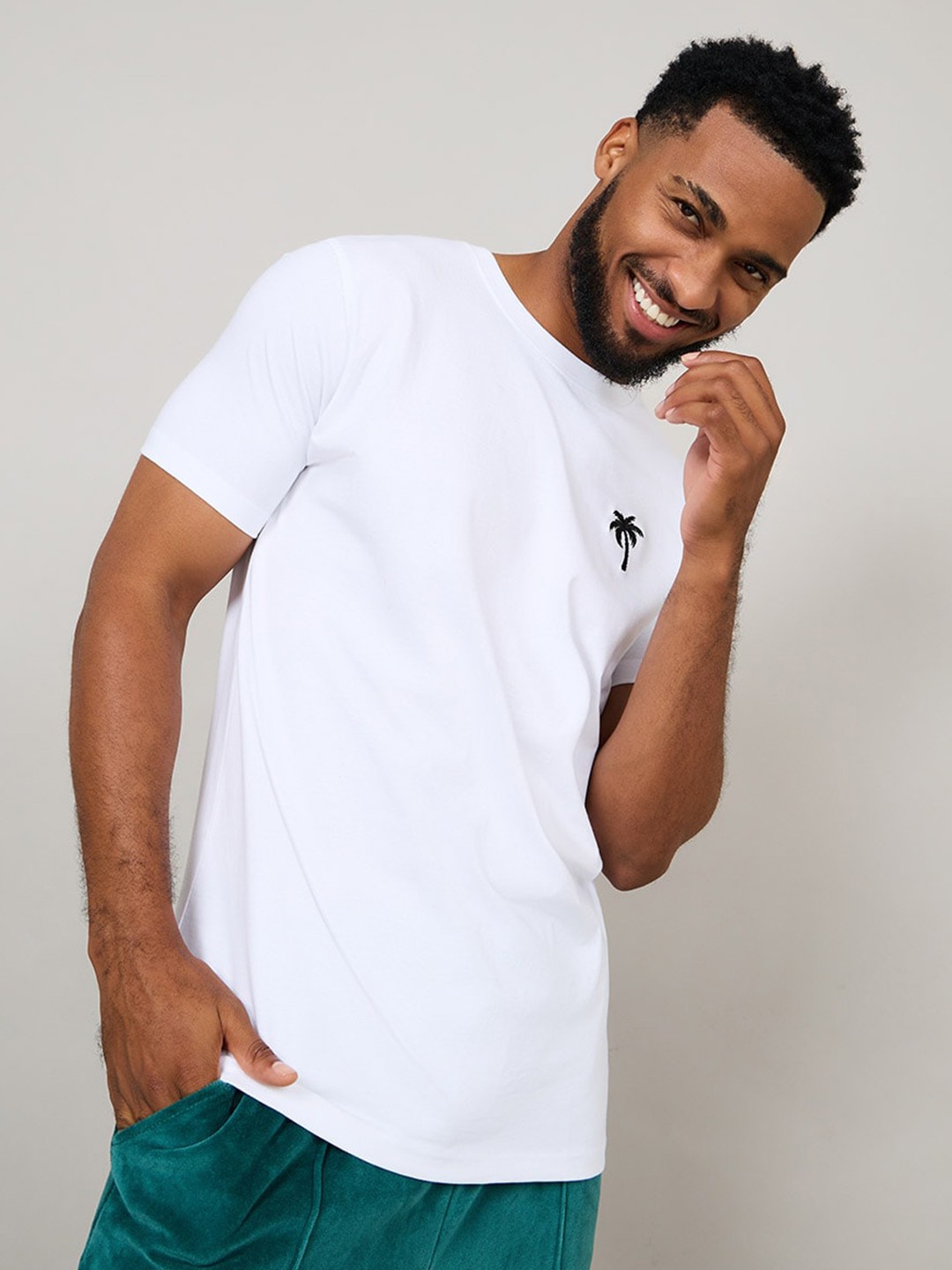 

Styli Men Placement Palm Embroidered Knitted Regular Fit Pure Cotton T-shirt, White