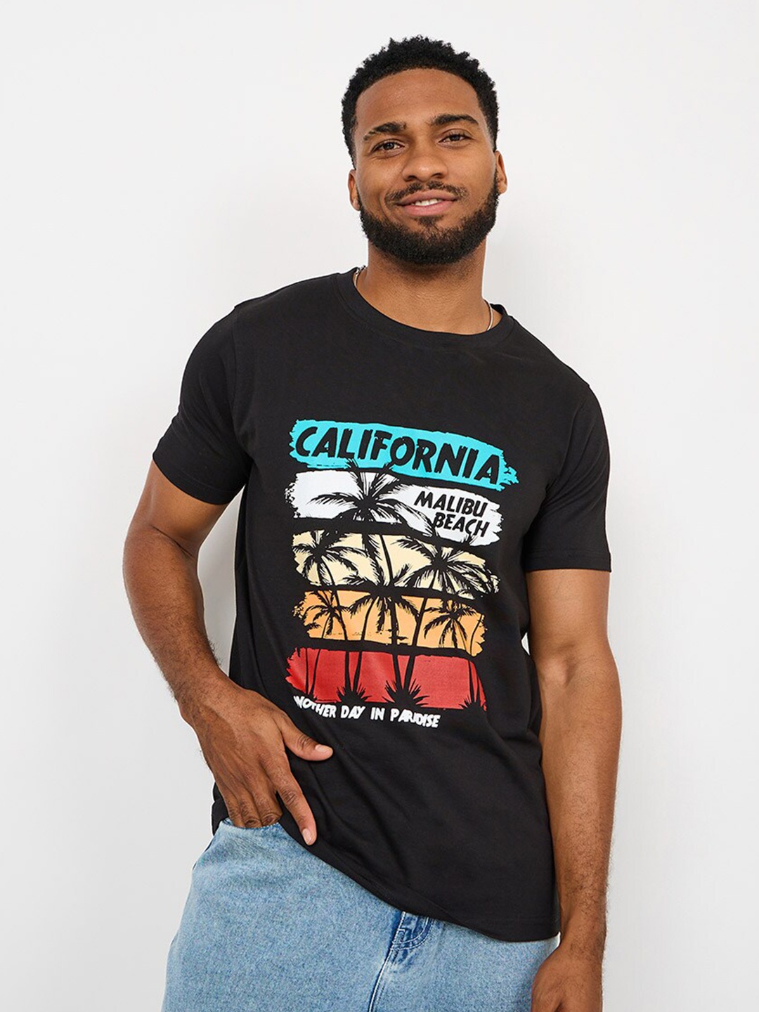 

Styli Tropical Printed Pure Cotton T-shirt, Black