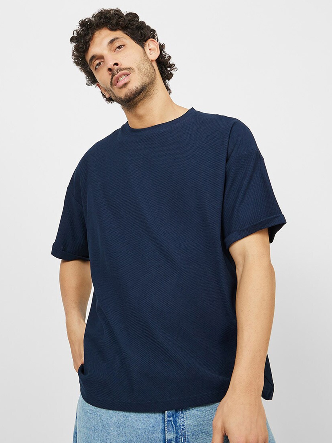 

Styli Round Neck Pure Cotton Waffle Knit Oversized T-Shirt, Navy blue