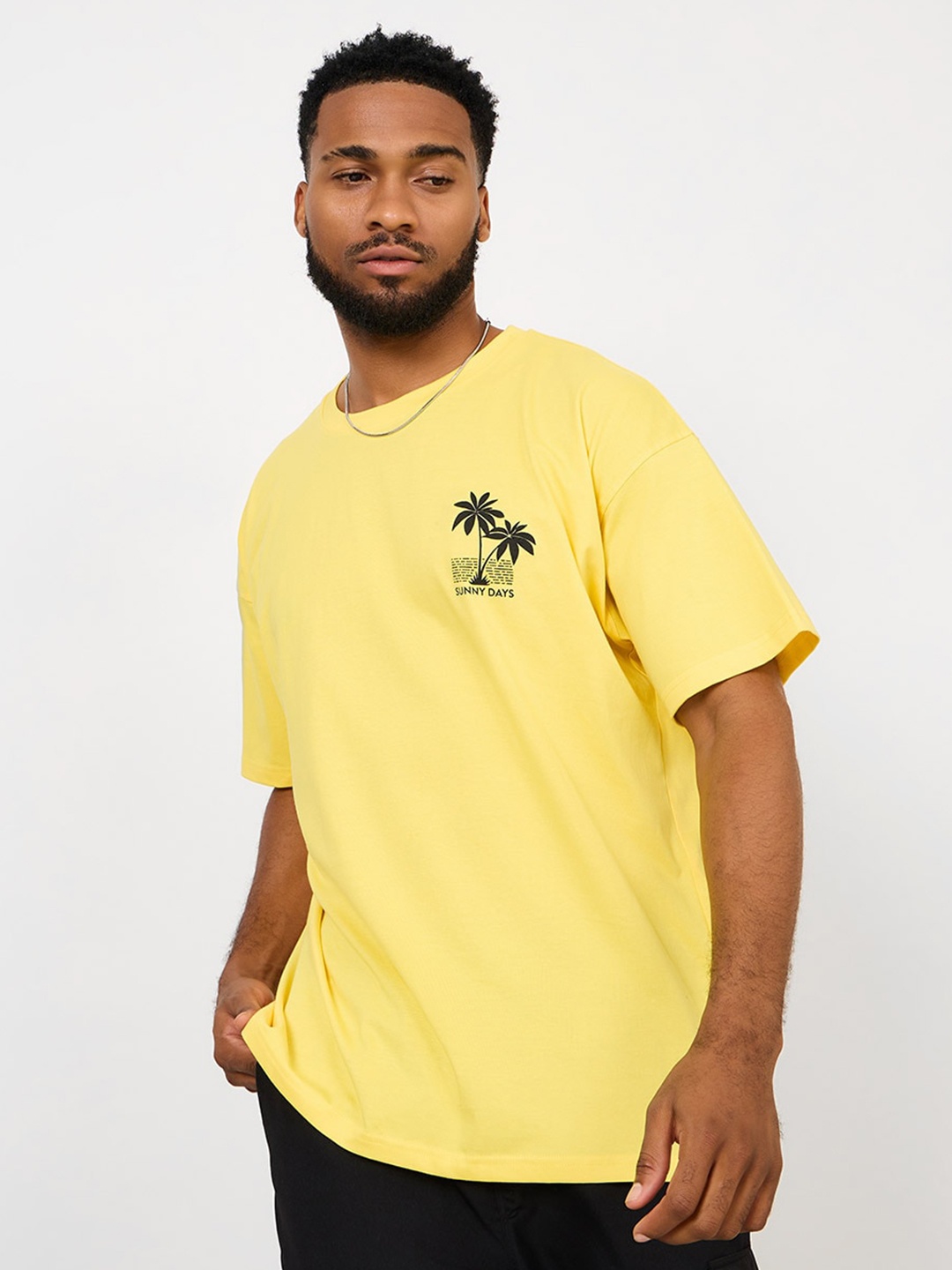 

Styli Round Neck Pure Cotton Oversized T-Shirt With Tropical Print Detail, Yellow