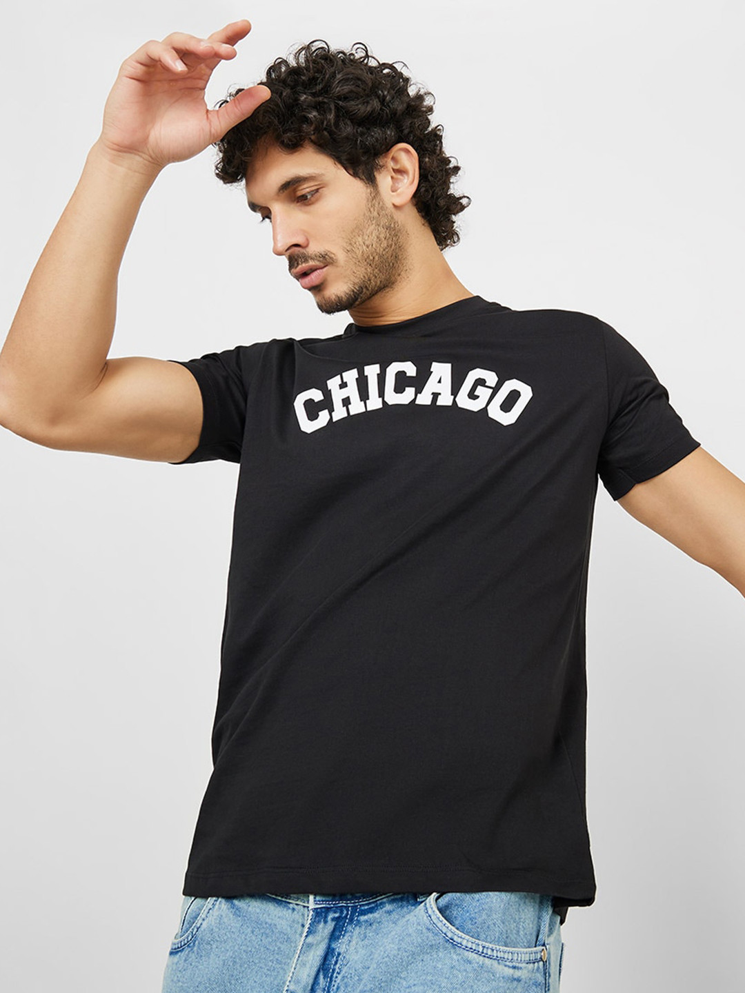 

Styli Typography Printed Round Neck Pure Cotton T-shirt, Black