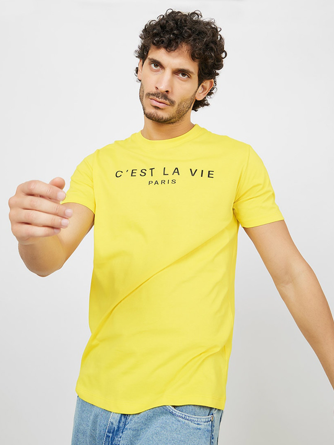 

Styli Round Neck Short Sleeves Pure Cotton T-shirt, Yellow