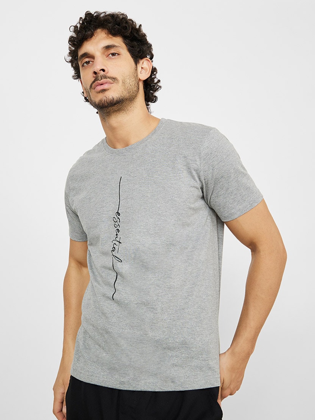 

Styli Regular Fit Minimal Text Print T-shirt, Grey