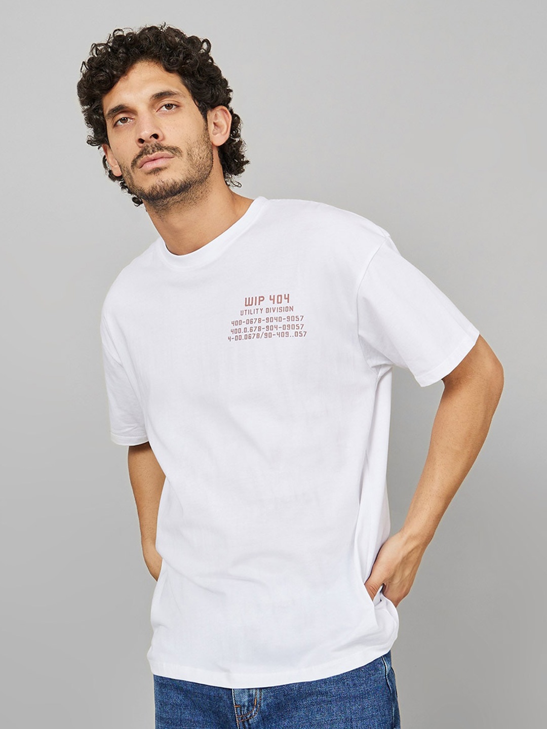 Styli Printed Detail Drop-Shoulder Pure Cotton T-shirt, White