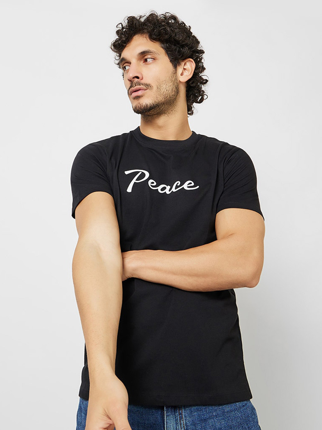 

Styli Typography Printed Pure Cotton Regular Fit T-Shirt, Black