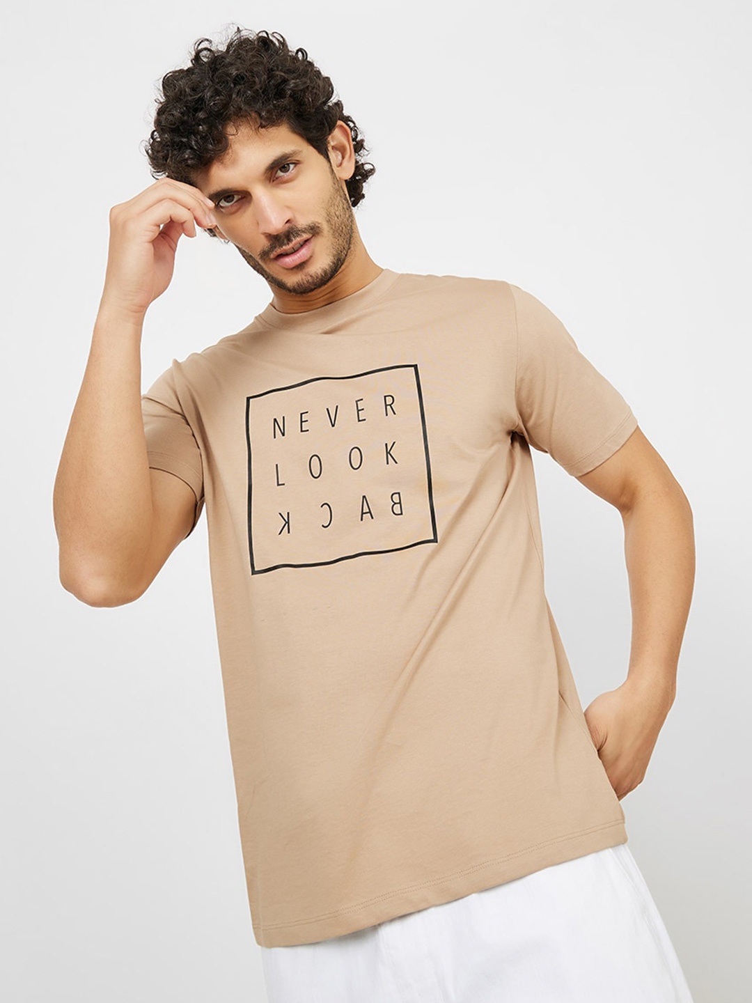 

Styli Typography Printed Pure Cotton T-shirt, Beige