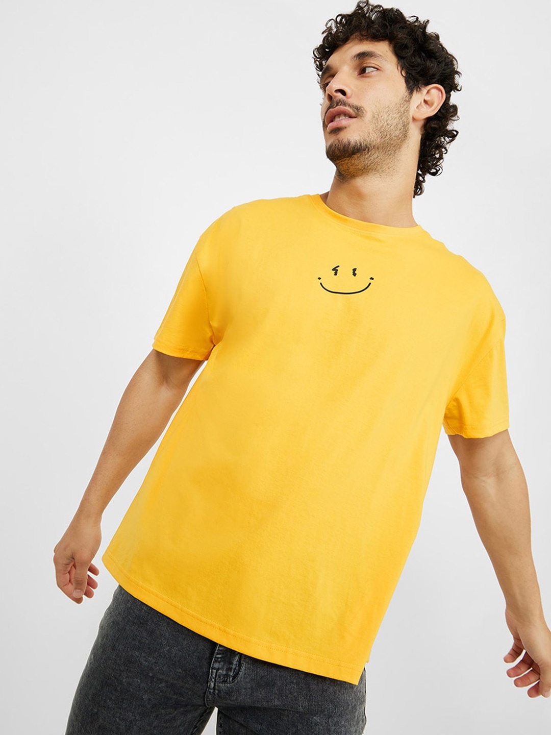 Styli Oversized Minimal Logo Print T-shirt, Yellow