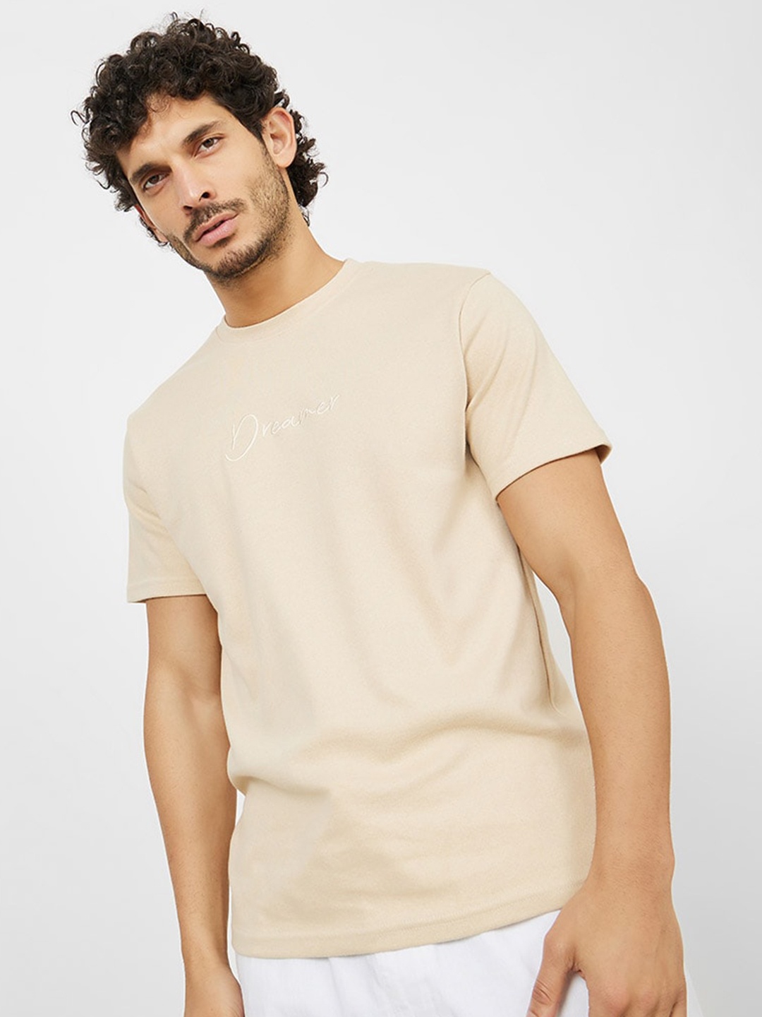 

Styli Eco-Earth Embroidered Interlock Knit Regular Fit T-Shirt, Beige