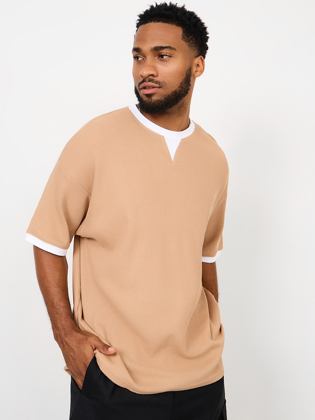 

Styli Premium Waffle Knit Oversized T-Shirt, Beige