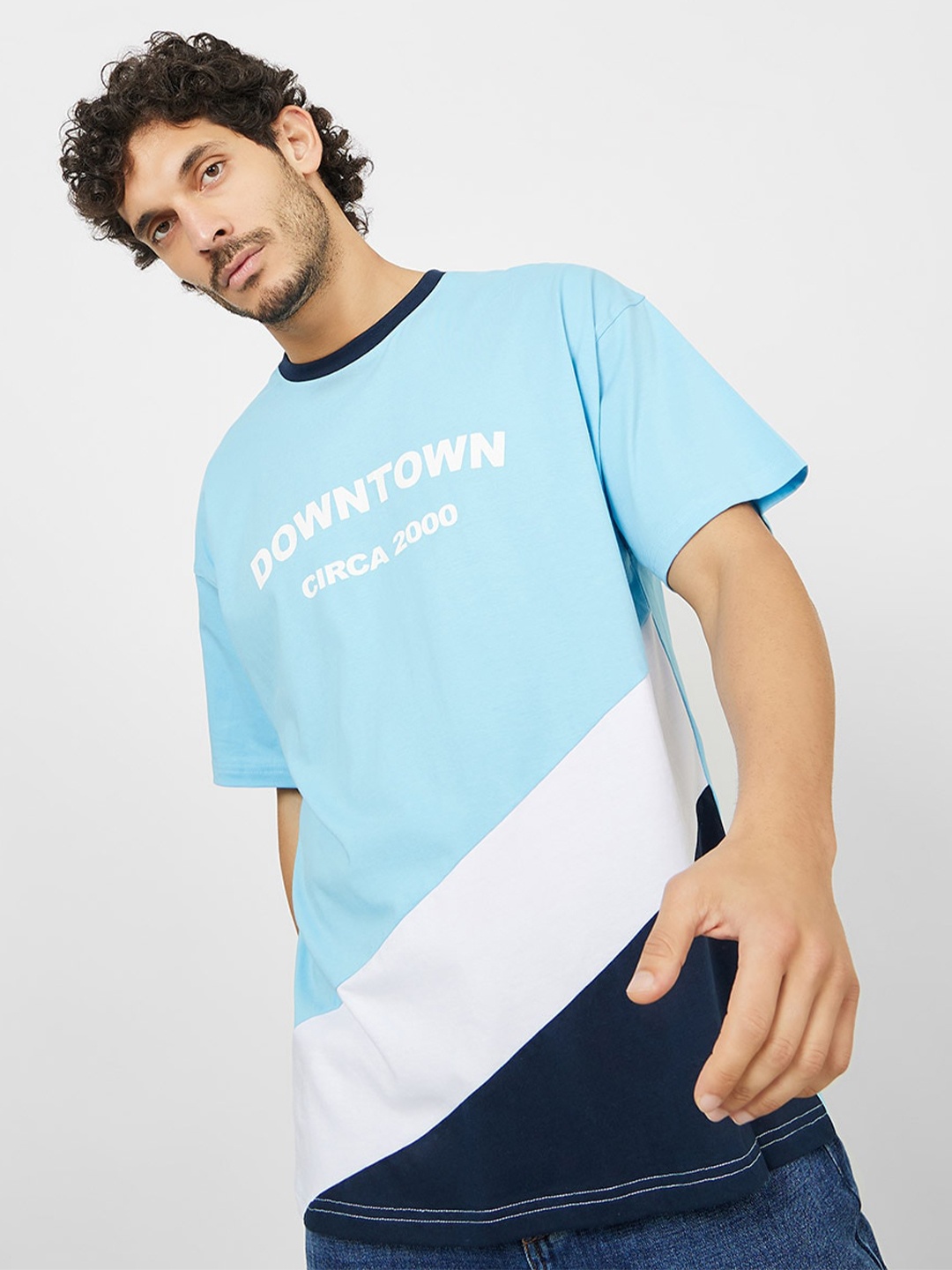 

Styli Coourblocked Pure Cotton Relaxed Fit T-shirt, Blue