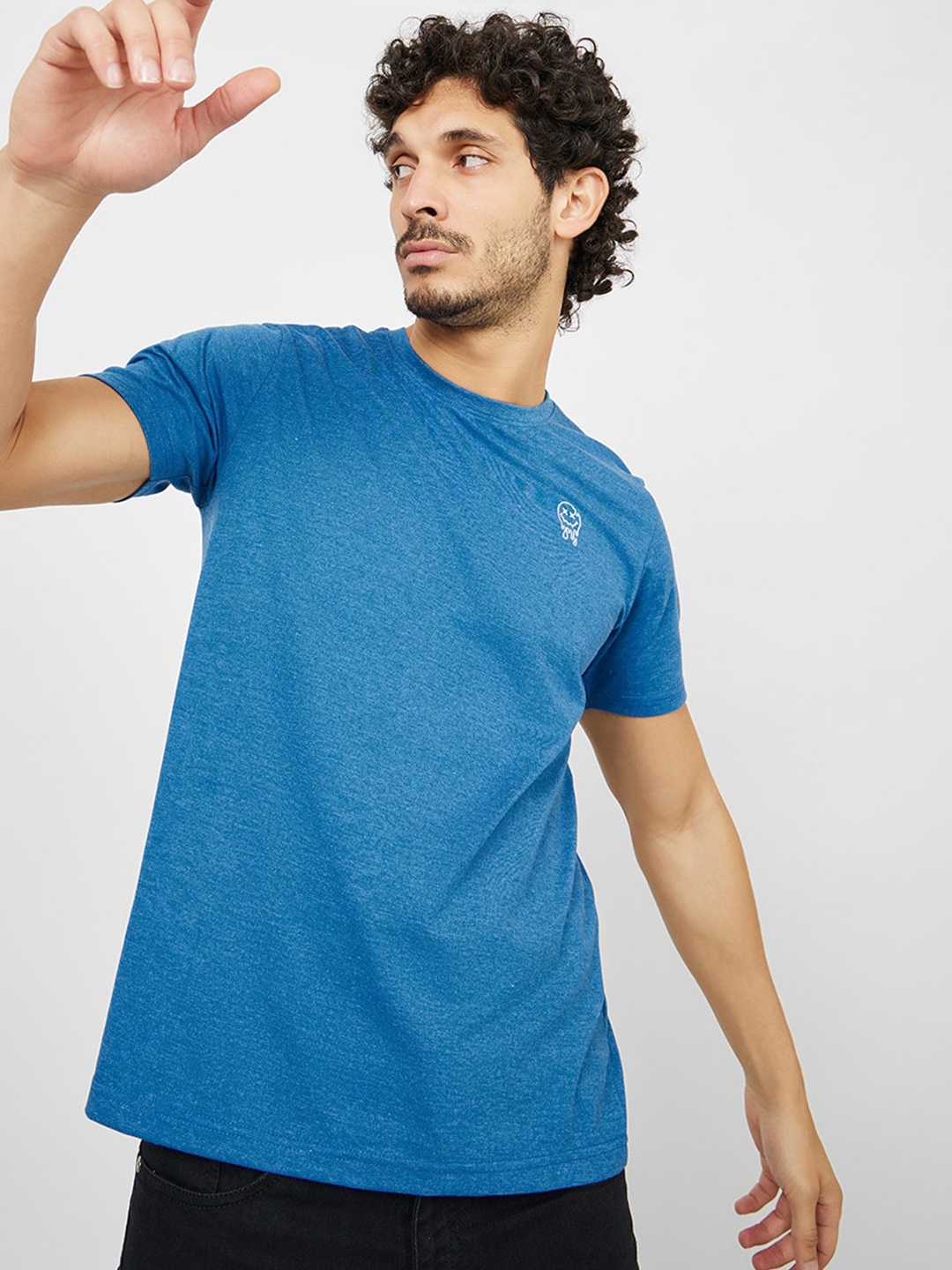 

Styli Regular Fit Chest Emoji Embroidered T-shirt, Blue