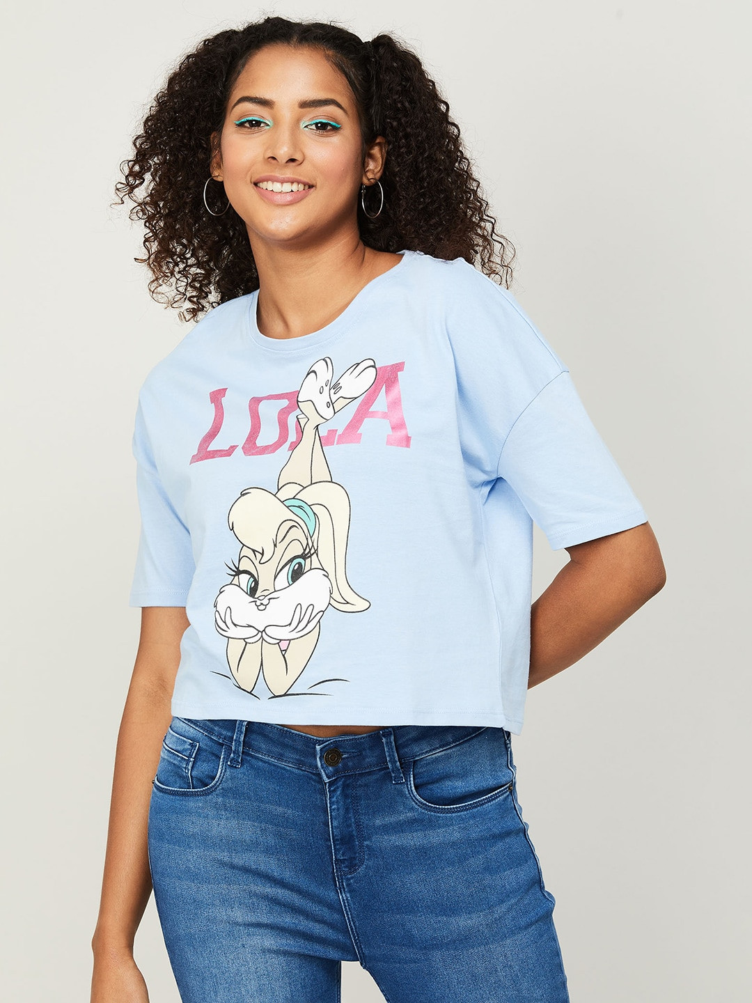 

Ginger by Lifestyle Printed Extended Sleeves Pure Cotton Boxy Crop Top, Blue