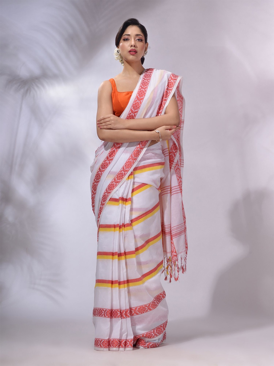 

Charukriti Striped Pure Cotton Saree, White