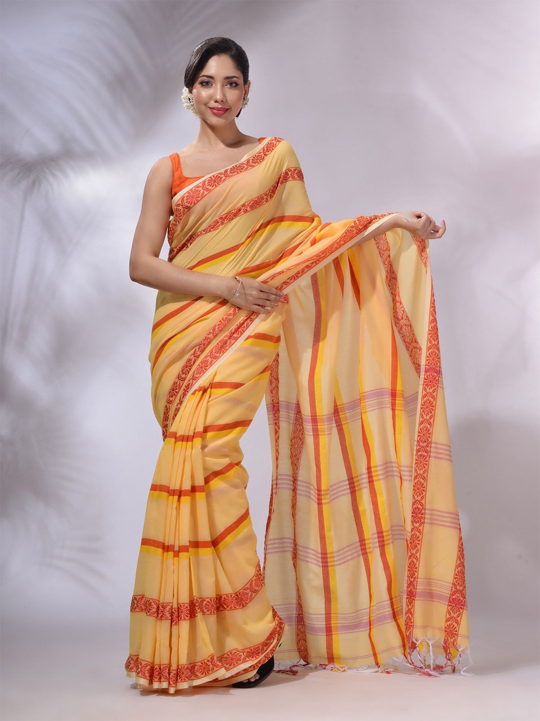 

Charukriti Striped Pure Cotton Saree, Yellow