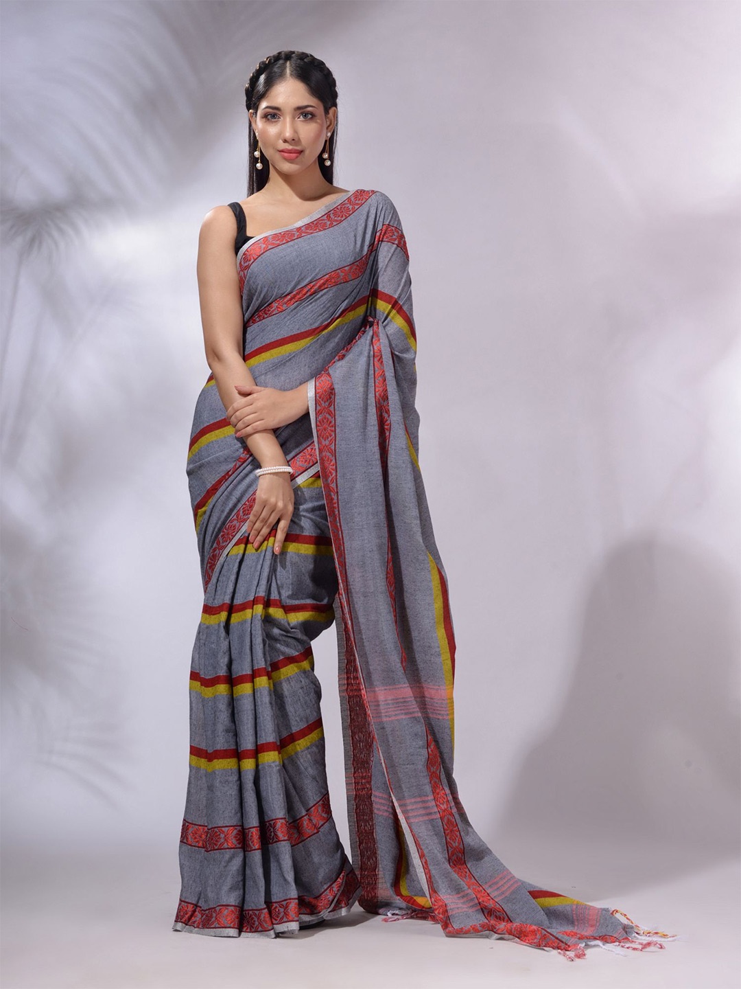 

Charukriti Striped Pure Cotton Saree, Grey