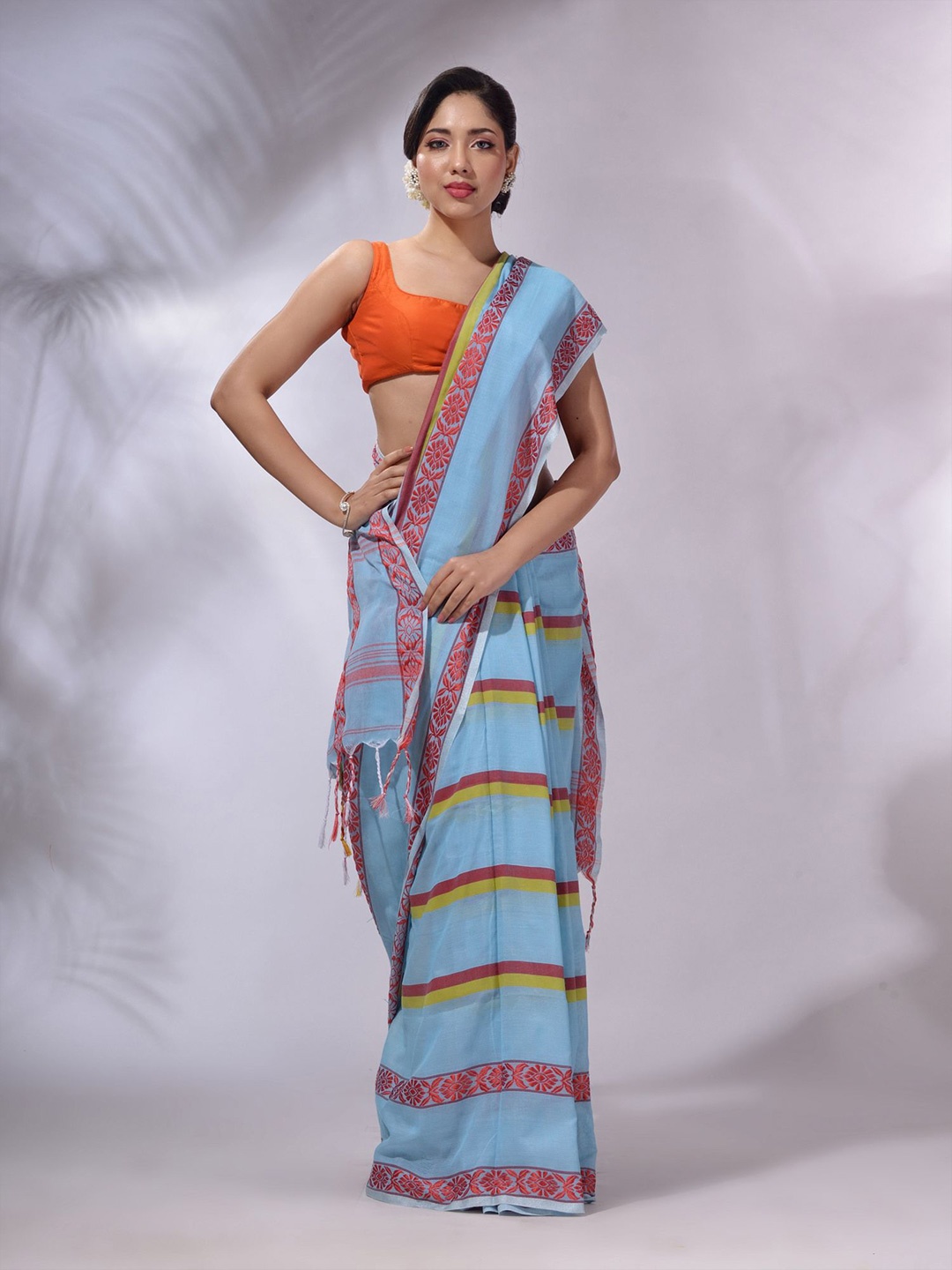 

Charukriti Striped Embroidered Pure Cotton Handloom Saree, Blue