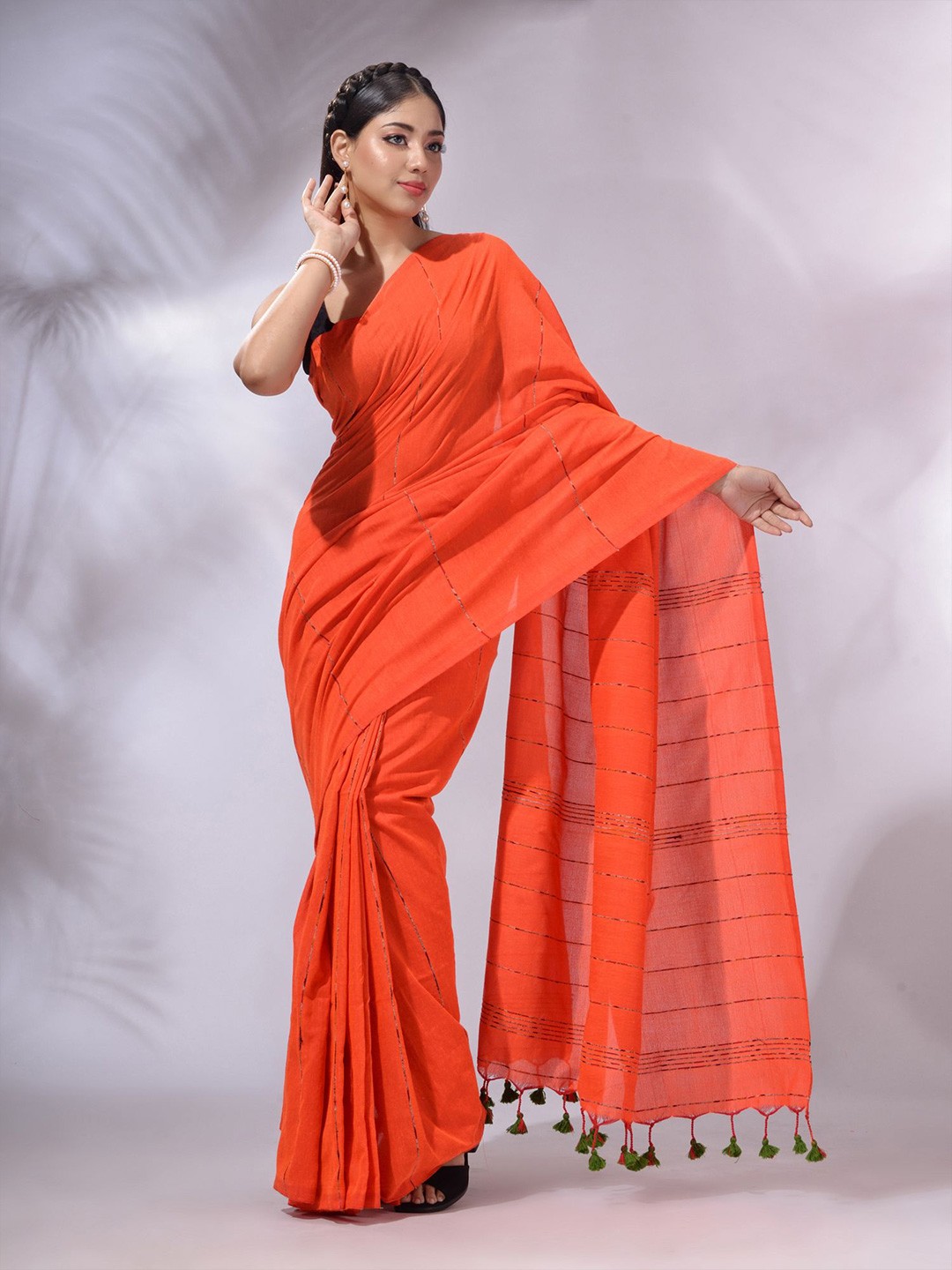 

Charukriti Striped Pure Cotton Handloom Saree, Orange