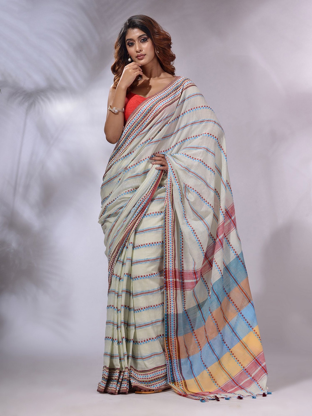 

Charukriti Striped Pure Cotton Handloom Saree, White