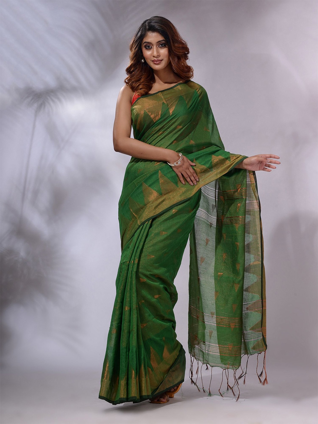 

Charukriti Geometric Woven Design Tissue Handloom Saree, Green