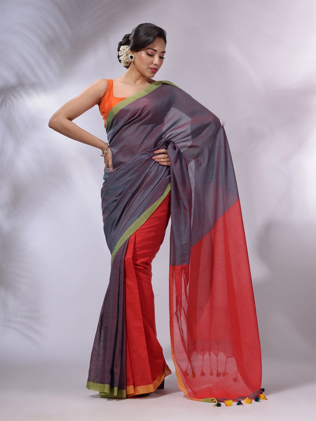 

Charukriti Colourblocked Pure Cotton Half And Half Saree, Teal