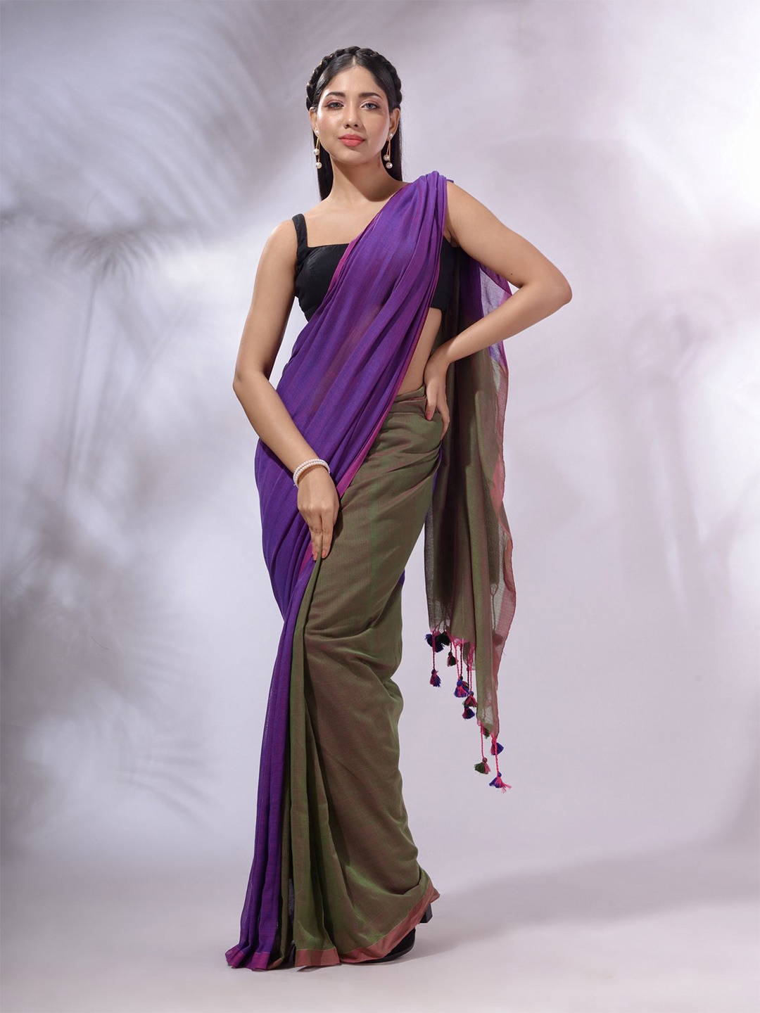 

Charukriti Colourblocked Pure Cotton Half And Half Saree, Purple