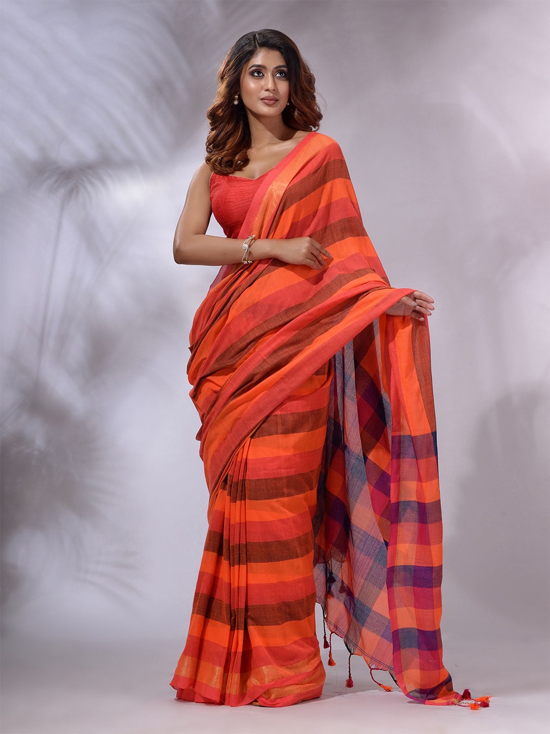 

Charukriti Striped Zari Pure Cotton Saree, Orange