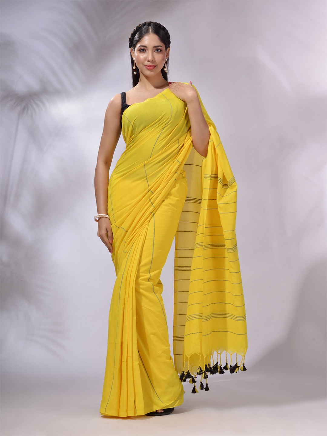 

Charukriti Striped Pure Cotton Saree, Yellow