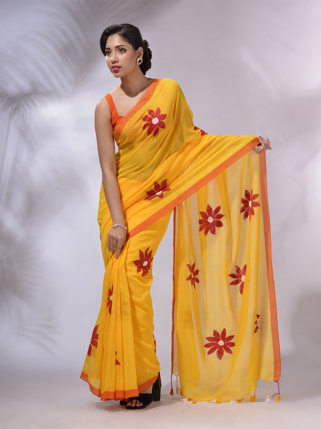 

Charukriti Tasseled Floral Printed Pure Cotton Saree, Yellow