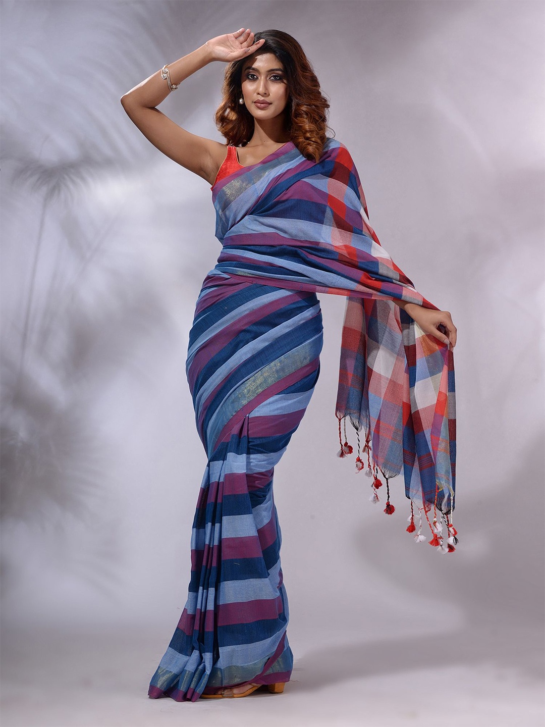

Charukriti Striped Tasselled Pure Cotton Saree, Navy blue