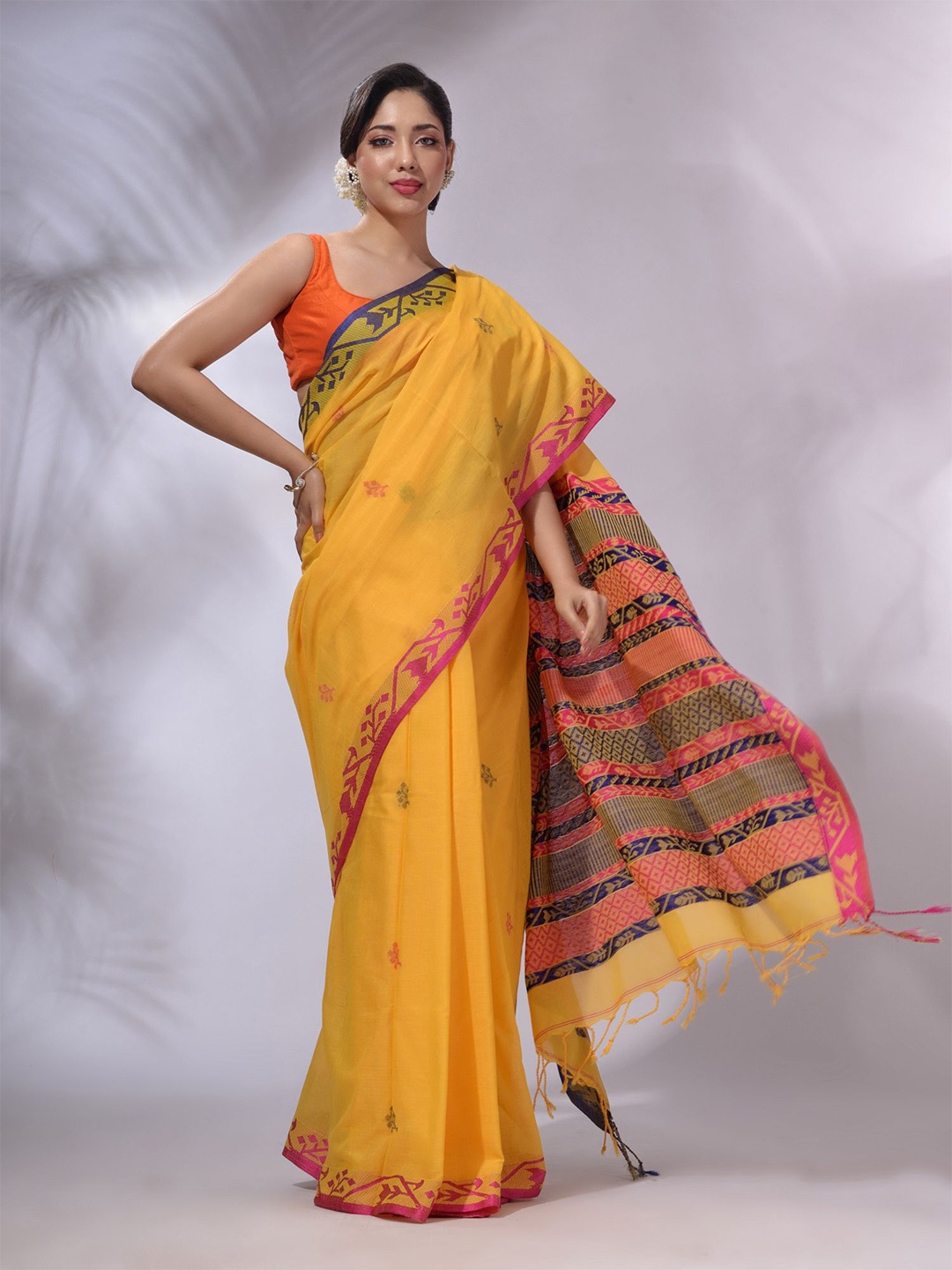 

Charukriti Floral Woven Design Pure Cotton Saree, Yellow