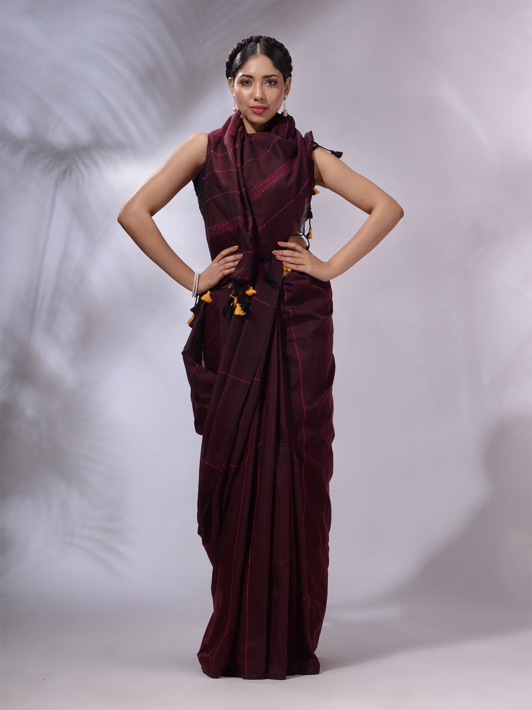 

Charukriti Striped Pure Cotton Saree, Maroon