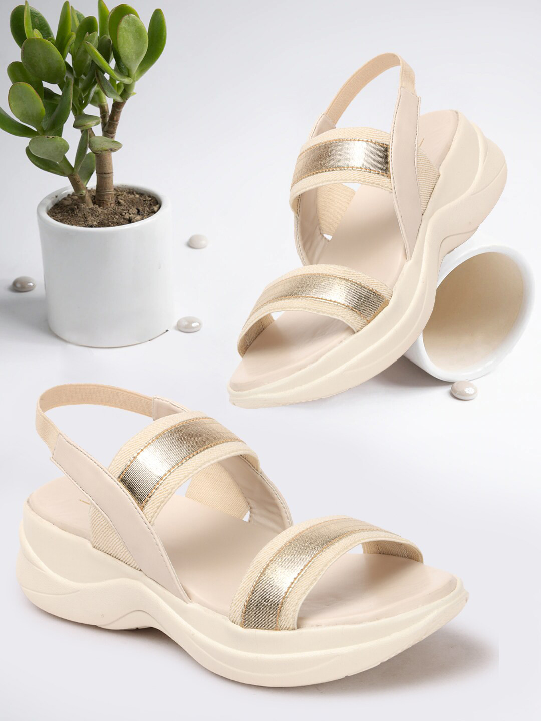 

VENDOZ Open Toe Comfort Heels With Backstrap, Cream