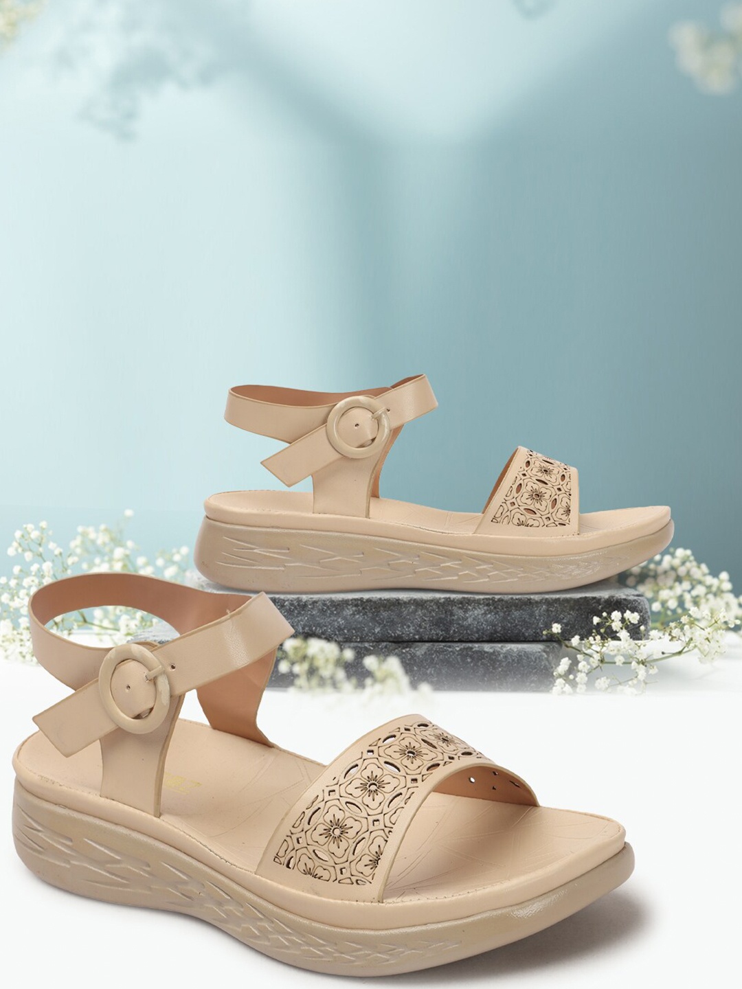 

VENDOZ Textured Open Toe Flats With Laser Cuts, Beige